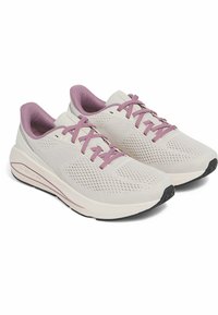 Lichte atletische schoenen in beige met paarse accenten, met een ademende mesh bovenkant, een gewatteerde zool en een gestructureerde rubberen outsole.