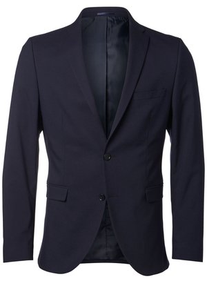 Blazer navy realizzato in tessuto solido, con chiusura a un bottone, revers a pattina e una tasca sul petto. Fodera interna liscia.