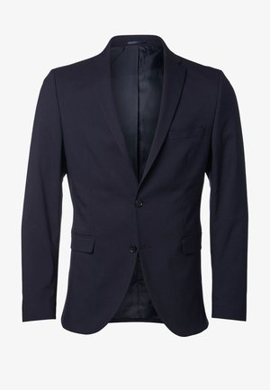 Blazer navy realizzato in tessuto solido, con chiusura a un bottone, revers a pattina e una tasca sul petto. Fodera interna liscia.