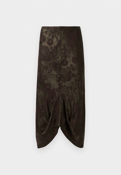 Tummanvihreä hame, jossa on burgundinvärinen kukkakuosi. Hameessa on drapeerattu muoto helmassa ja sileä, kiiltävä pinta.