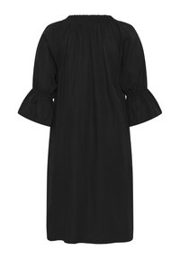 Robe noire longueur genou avec encolure élastique décolletée et manches évasées trois-quarts cintrées aux coudes.