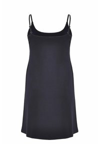 Schwarzes Slipkleid mit verstellbaren Spaghettiträgern, glattem Stoff, schlichter Design und geradem Saum, geeignet zum Layering oder für die Freizeit.