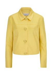 Gelbe, kurz geschnittene Jacke aus glattem Stoff, mit flachem Kragen, Taschen vorne und vier großen Knöpfen in der Mitte.