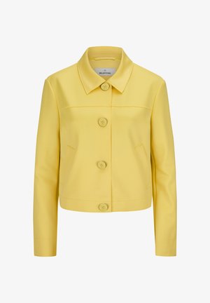 Gelbe, kurz geschnittene Jacke aus glattem Stoff, mit flachem Kragen, Taschen vorne und vier großen Knöpfen in der Mitte.