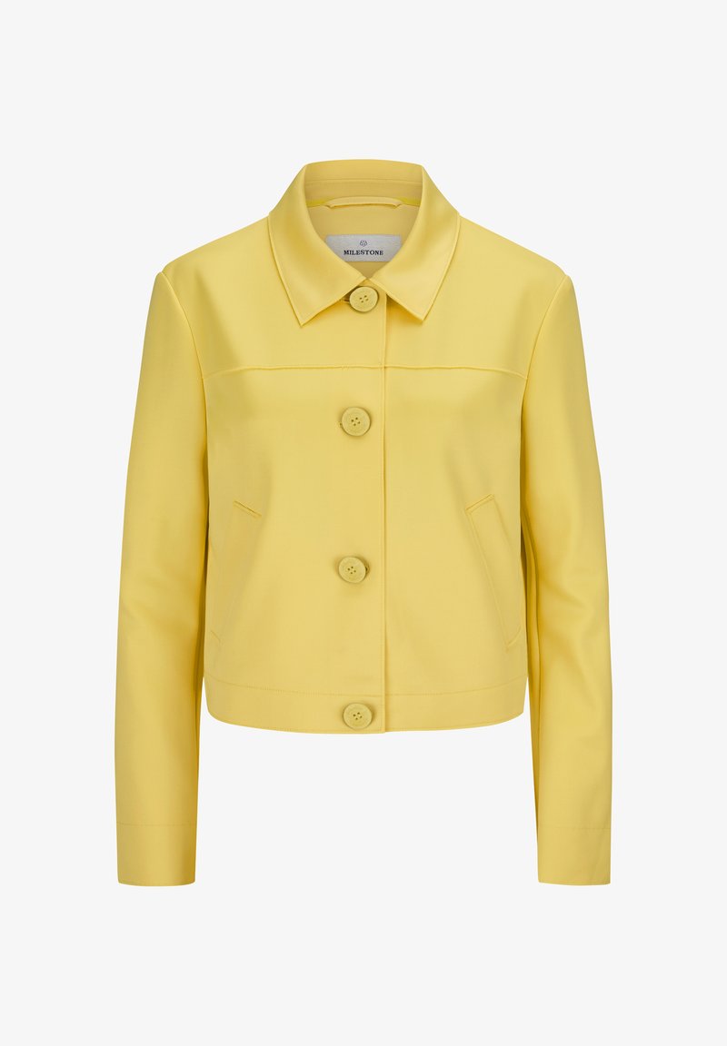 Gelbe, kurz geschnittene Jacke aus glattem Stoff, mit flachem Kragen, Taschen vorne und vier großen Knöpfen in der Mitte.