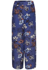 Bloemrijke wijde broek in een blauwe stof met witte, blauwe en roestkleurige bloemen. Elastische tailleband, relaxte pasvorm en geen zichtbare hardware.