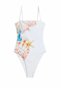 Maillot de bain une pièce blanc avec un imprimé de coquillages floraux dans des couleurs pastel, présentant un accent étoile de mer et des bretelles fines ajustables.