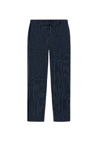 Pantalones de corte suelto en azul marino con rayas verticales blancas. Cintura elástica con un detalle de lazo en la parte delantera. Tejido ligero con una textura suave.