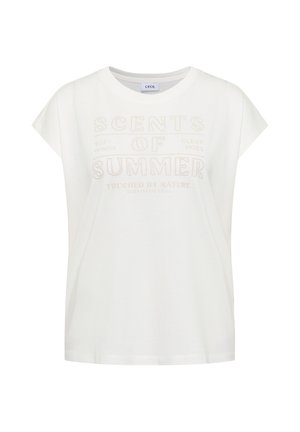 Hvid kortærmet T-shirt med rund hals, med beige tekst: "Sommerdufte, bløde vinde, klare himle, berørt af naturen."