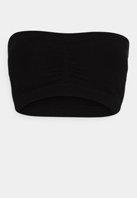 Μαύρο στράπλες τοπ φτιαγμένο από μαλακό ύφασμα με συγκεντρωμένη λεπτομέρεια στο κέντρο. Λεπτή υφή, ελαστική ζώνη στις άκρες πάνω και κάτω.