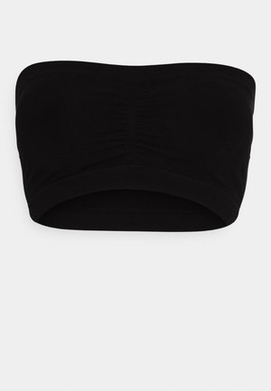 Svart strapless topp laget av myk stoff med rynkedetaljer i midten. Glatt tekstur, elastisk bånd på topp- og bunnkantene.
