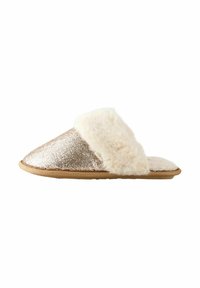 Shimmering rose gold slipper with fluffy white fur collar, flat sole, and textured glitter finish. Open-toe design for easy wear.