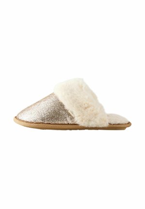 Shimmering rose gold slipper with fluffy white fur collar, flat sole, and textured glitter finish. Open-toe design for easy wear.