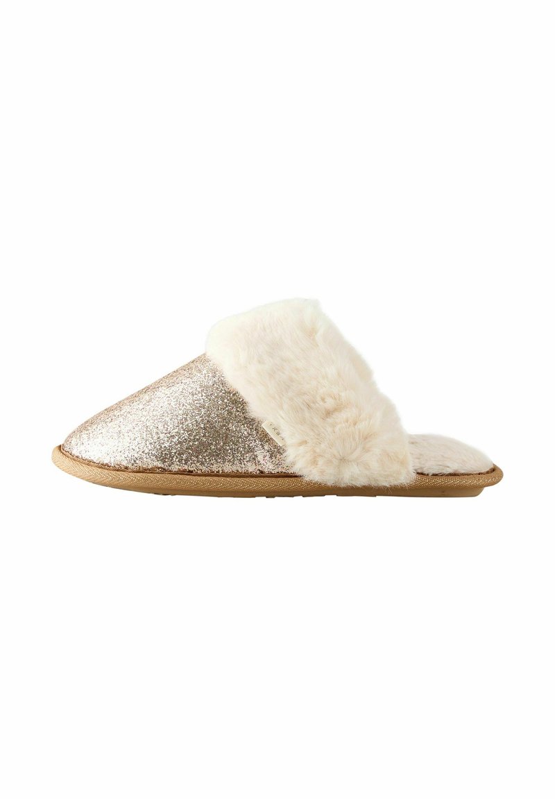 Shimmering rose gold slipper with fluffy white fur collar, flat sole, and textured glitter finish. Open-toe design for easy wear.