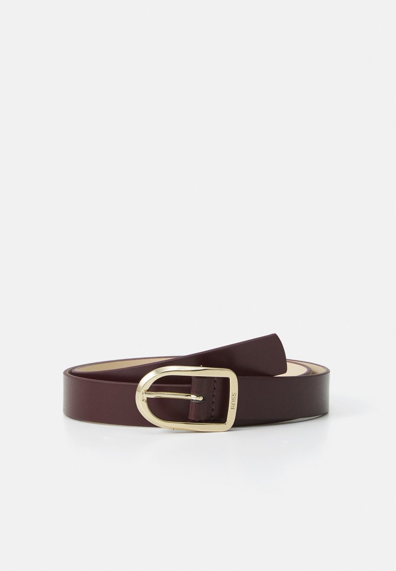 Burgundy leather belt with a gold rectangular buckle and smooth texture. Features a tapered end and inner stitching detail.