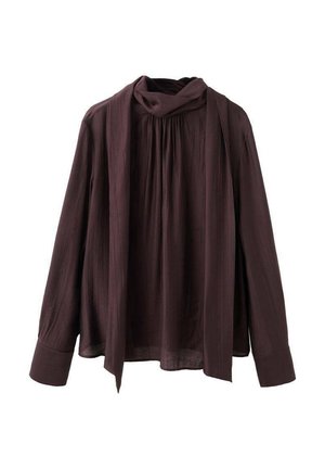 Blusa de manga larga marrón oscuro con escote fruncido y detalle de bufanda larga adjunta, hecha de una tela texturizada ligera.