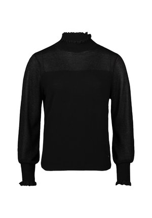Czarny sweter z długimi rękawami, przezroczystymi górnymi panelami, falbaniastego dekoltem i mankietami. Wykonany z miękkiego materiału o subtelnym połysku.