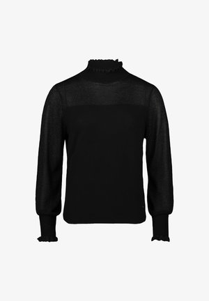 Czarny sweter z długimi rękawami, przezroczystymi górnymi panelami, falbaniastego dekoltem i mankietami. Wykonany z miękkiego materiału o subtelnym połysku.