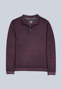 Pullover-Sweater in tiefem Purpur, aus weichem Stoff, mit einem Viertelreißverschluss und gerippten Bündchen und Saum. Einfaches, klares Design ohne Muster.