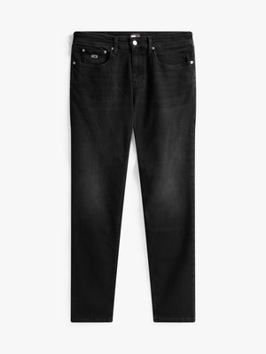 Black denim jeans with a slim fit, five pockets, silver hardware, and minimal fading. Features a classic design and clean lines.