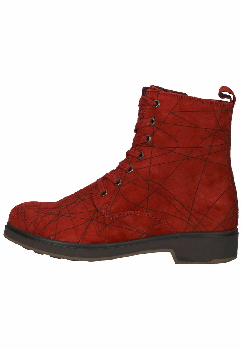 Bottes basses en daim rouge avec lignes abstraites noires, design à lacets, bout arrondi, languette à l'arrière et semelle en caoutchouc profilée basse.