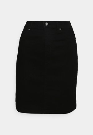 Saia de ganga preta com um design ajustado, cintura alta, fecho frontal por botão, duas bolsos traseiros e uma silhueta reta. Textura suave.