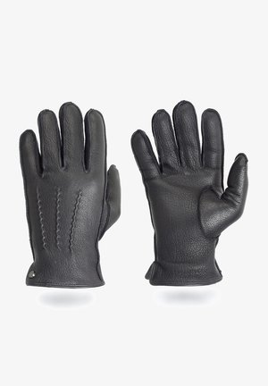 Zwarte leren handschoenen met een gladde textuur, vijf vingers en decoratieve stiksels op de achterkant. Wordt geleverd met een aansluitende polsband.