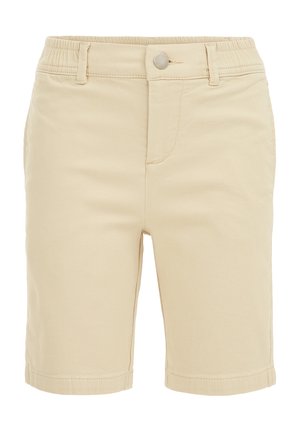 Beżowe spodenki do kolan wykonane z miękkiego materiału, z zapięciem na guzik i elastycznym pasem, bocznymi kieszeniami oraz starannie obszytymi krawędziami.