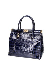 Borsa a mano in pelle verniciata blu navy con motivo coccodrillo, dettagli in metallo dorato, due manici superiori e una forma strutturata.