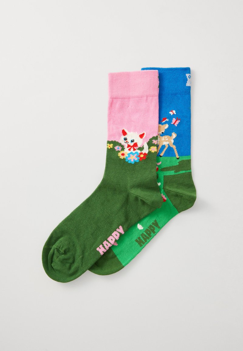 Colorful socks featuring a pink and blue upper with floral and animal designs, green lower section, and "HAPPY" text in pink and green.
