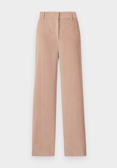 Rosa Cordhosen mit gerippter Textur, geradem Bein Design und tailliertem Bund. Keine sichtbaren Taschen oder Verzierungen.