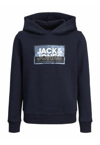 Hoodie bleu marine en tissu doux, avec un grand imprimé graphique indiquant "JACK&JONES" en blanc et bleu sur le devant.