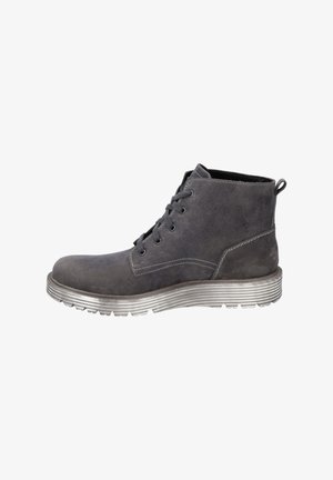 Gray leather ankle boots with a smooth texture, round toe, and metal eyelets. Features a striped rubber sole and back pull loop.