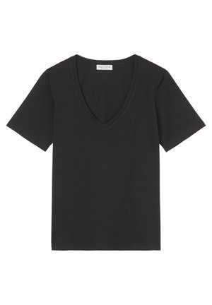 Czarna bawełniana koszulka z dekoltem w serek i krótkimi rękawami. Charakteryzuje się gładką fakturą i prostym krojem bez wzorów czy akcentów.