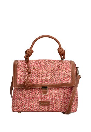 Petit sac à main avec tissu tissé multicolore, garniture en cuir marron, poignée nouée, fermeture avant et bandoulière amovible.