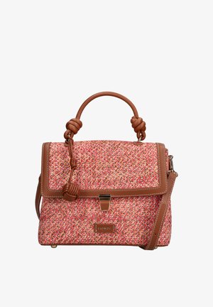 Petit sac à main avec tissu tissé multicolore, garniture en cuir marron, poignée nouée, fermeture avant et bandoulière amovible.