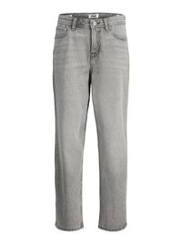 Grå denimjeans med rak skärning, fem fickor och logotyp på midjebandet. Har subtila blekningar och kontrastsöm längs sömmarna.