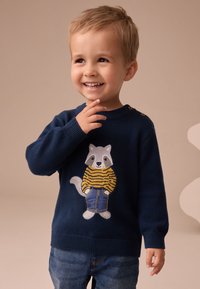 Jersey tejido azul marino con un mapache bordado que lleva una camiseta amarilla a rayas y vaqueros azules. Cuello redondeado con detalle de botones.