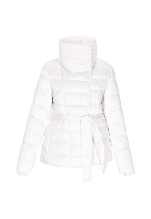Weißer Pufferjacke mit hohem Kragen, tailliertem Bund und gestepptem Muster. Lange Ärmel mit gerippten Bündchen. Sauberes, minimalistisches Design.