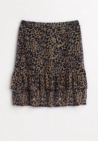 Hame leopard dengan corak coklat dan hitam, menampilkan hem yang berkerut. Terbuat dari kain ringan dengan pinggang yang pas dan desain yang melebar.