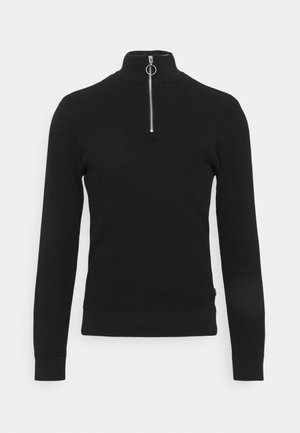 Sort textured pullover sweatshirt med høj krave og sølvfarvet lynlås. Har ribbede manchetter og kant for en tætsiddende pasform.