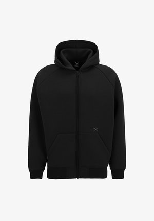 Black full-zip hoodie with front kangaroo pocket, attached hood, ribbed cuffs, and small subtle embroidered logo on the front.