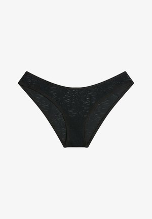 Black lace bikini with floral pattern, semi-sheer texture, thin elastic waistband, and high-cut leg openings. Lightweight and soft material.