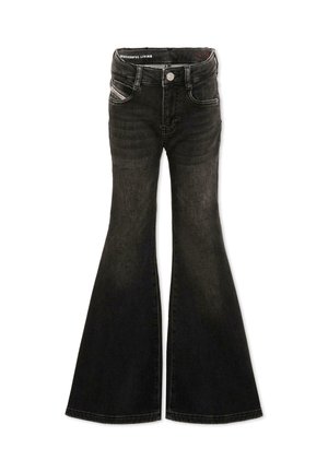 Jeans neri slavati a zampa con chiusura a bottone e zip, tasche frontali e passanti per cintura, mostrati su sfondo bianco.