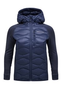 Giacca insulated blu navy con frontale trapuntato, cappuccio e maniche lunghe. Presenta una tasca laterale con zip e una texture liscia sulle braccia.