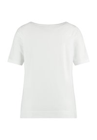 Weißes T-Shirt mit kurzen Ärmeln und rundem Halsausschnitt, aus glattem Stoff gefertigt, mit lockerer Passform und sauberen Kanten. Keine Muster oder Grafiken.