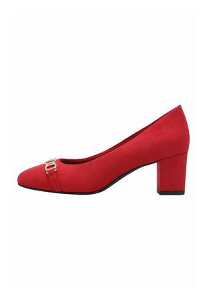 Rote Wildleder-Pumps mit runder Zehenpartie, Blockabsatz und dekorativem goldfarbenen Hardware-Akzent an der Vorderseite. Glatte Textur und einfarbig.