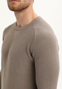 Beige gebreide trui met een ronde halslijn, gestructureerde ribbels op de mouwen en het lijf, en een getailleerde pasvorm die het zachte, gezellige materiaal laat zien.