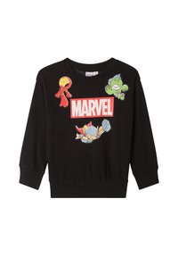 Felpa nera con un grande logo rosso "MARVEL". Include grafiche colorate dei personaggi: Iron Man, Hulk e Thor. Tessuto morbido e casual.