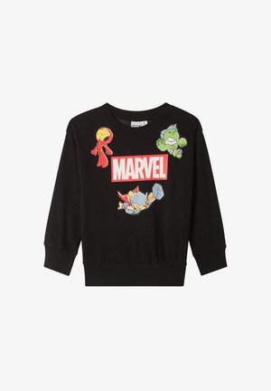 Felpa nera con un grande logo rosso "MARVEL". Include grafiche colorate dei personaggi: Iron Man, Hulk e Thor. Tessuto morbido e casual.